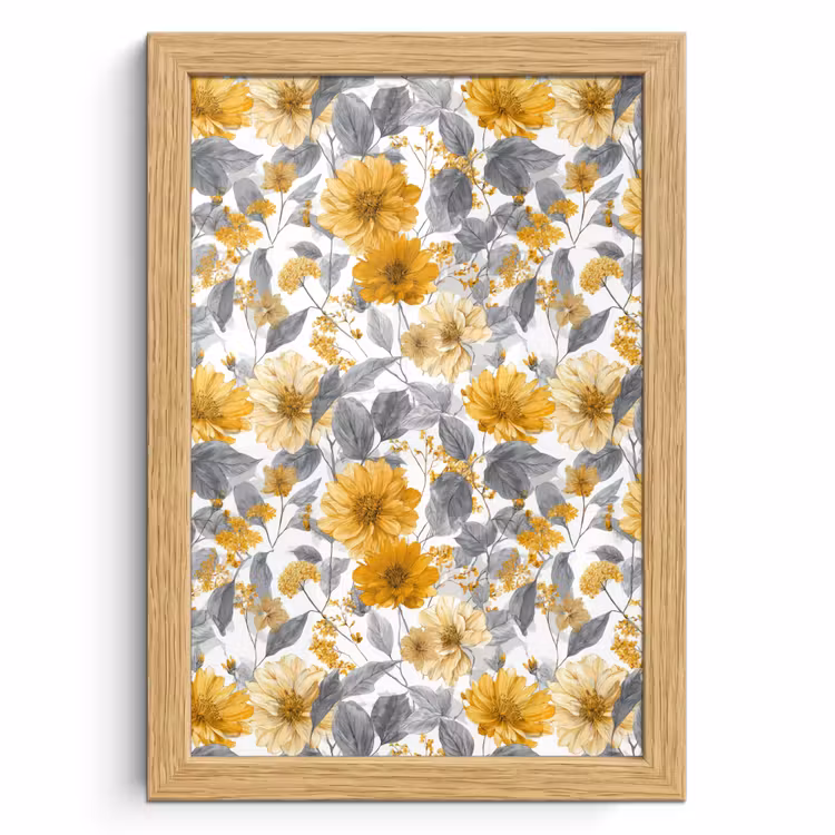 Poster met lijst - Bloemen - Botanisch - Elegant - Okergeel - Grijs — 1