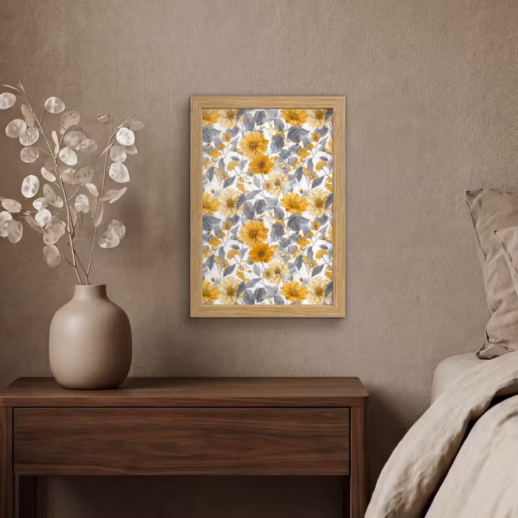 Poster met lijst - Bloemen - Botanisch - Elegant - Okergeel - Grijs — 4