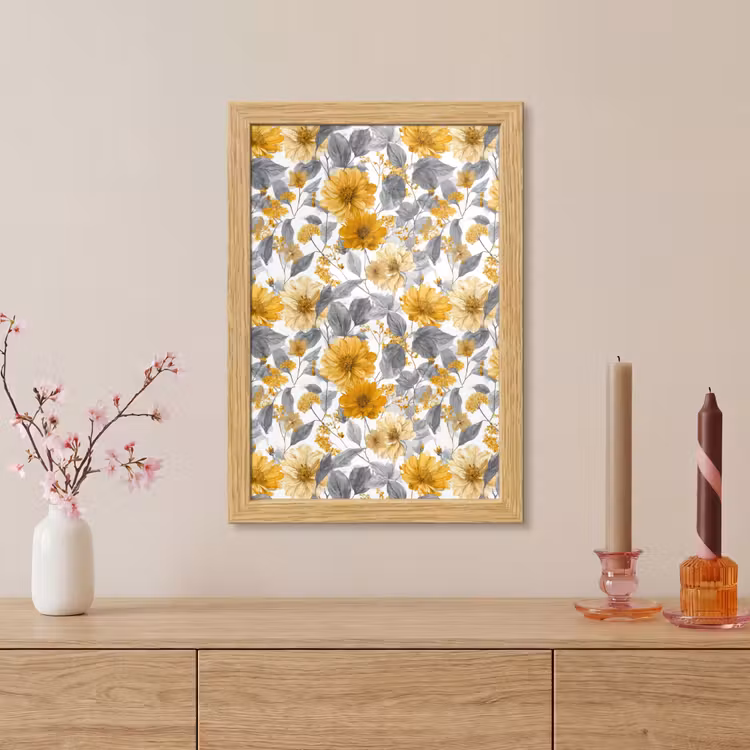 Poster met lijst - Bloemen - Botanisch - Elegant - Okergeel - Grijs — 5
