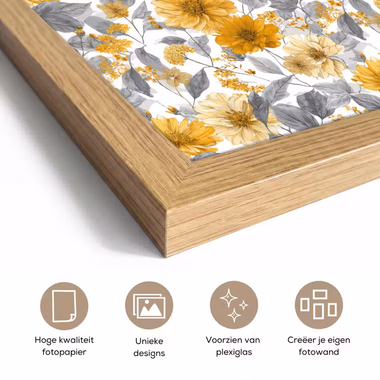 Poster met lijst - Bloemen - Botanisch - Elegant - Okergeel - Grijs — 6