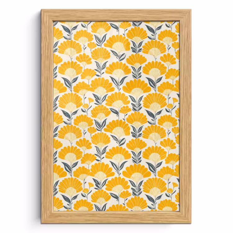 Poster met lijst - Bloemen - Retro - Botanisch - Okergeel - Grijs — 1