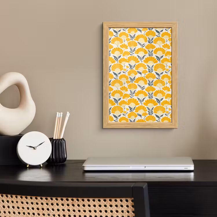 Poster met lijst - Bloemen - Retro - Botanisch - Okergeel - Grijs — 2
