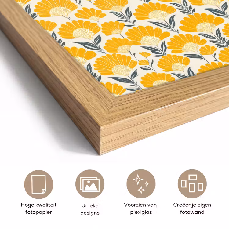 Poster met lijst - Bloemen - Retro - Botanisch - Okergeel - Grijs — 6