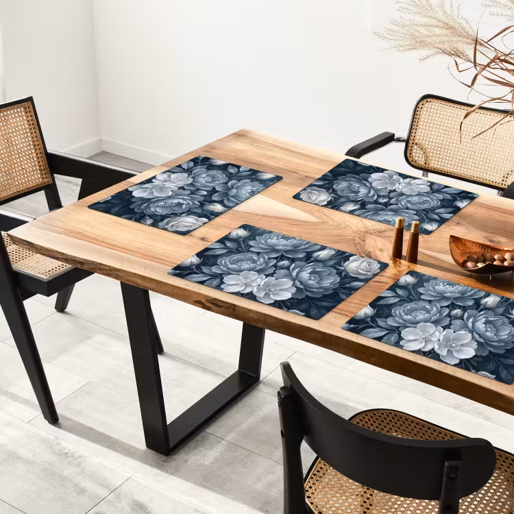 Placemat - 6 stuks - Bloemen - Boeket - Winter - Abstract - Blauw — 4