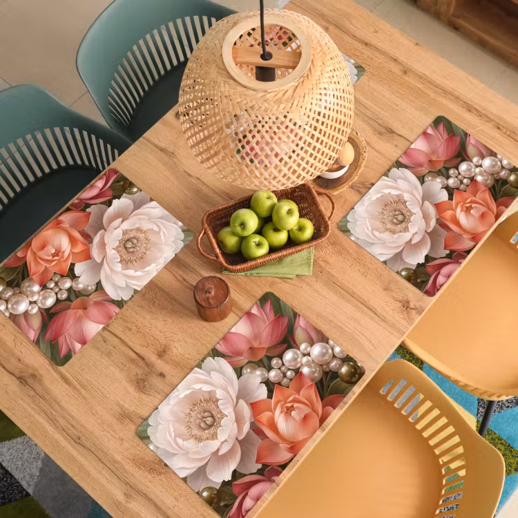 Placemat - 6 stuks - Bloemen - Parels - Elegant - Roze - Wit — 3