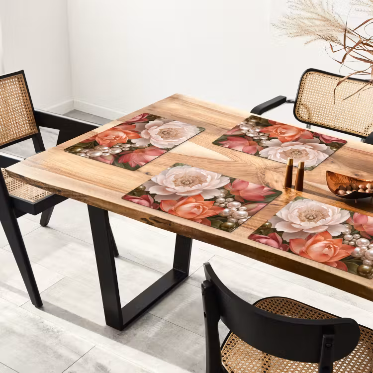 Placemat - 6 stuks - Bloemen - Parels - Elegant - Roze - Wit — 4