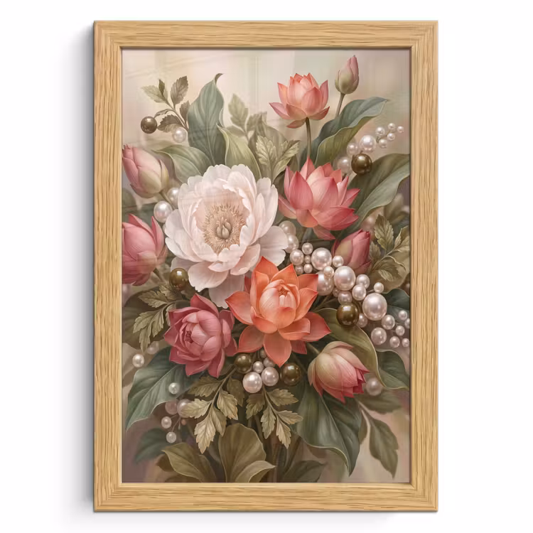 Poster met lijst - Bloemen - Parels - Elegant - Roze - Wit — 1