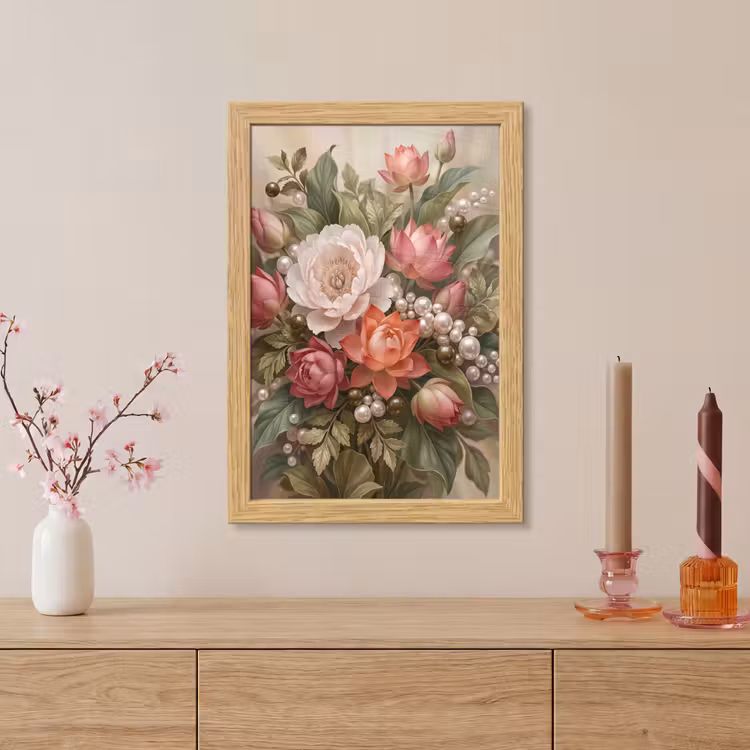 Poster met lijst - Bloemen - Parels - Elegant - Roze - Wit — 5