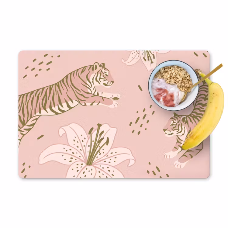 Placemat - 6 stuks - Kat - Springend - Bloemen - Abstract - Roze — 1
