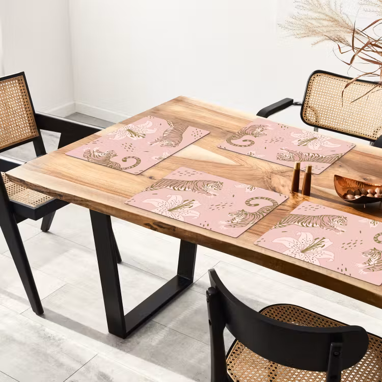 Placemat - 6 stuks - Kat - Springend - Bloemen - Abstract - Roze — 4