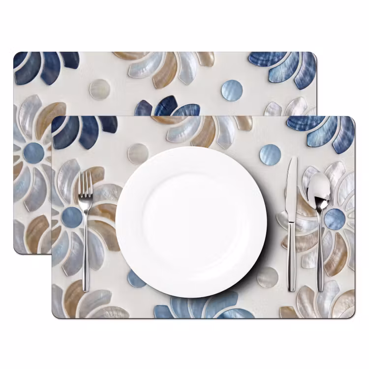 Placemat - 6 stuks - Bloemen - Parelmoer - Abstract - Patroon - Blauw — 2