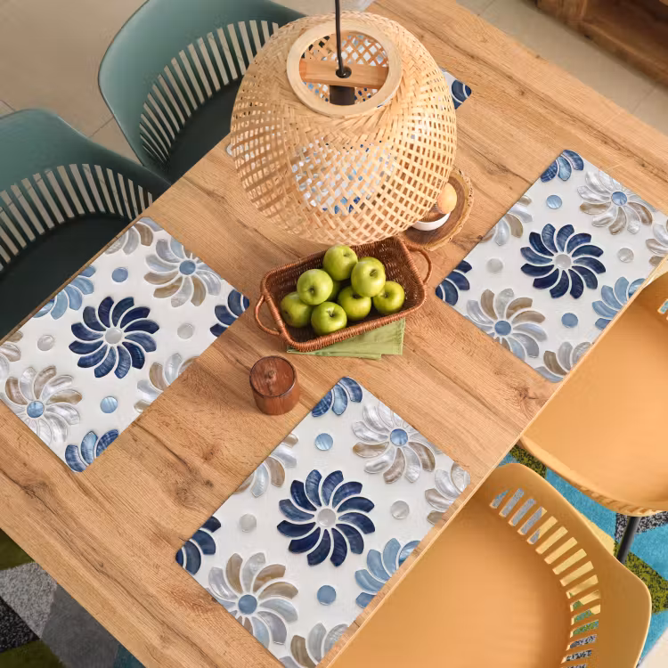 Placemat - 6 stuks - Bloemen - Parelmoer - Abstract - Patroon - Blauw — 3