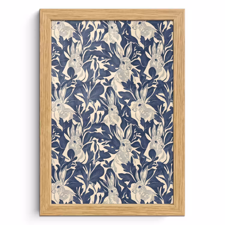 Poster met lijst - Hazen - Bladeren - Patroon - Blauw - Beige — 1