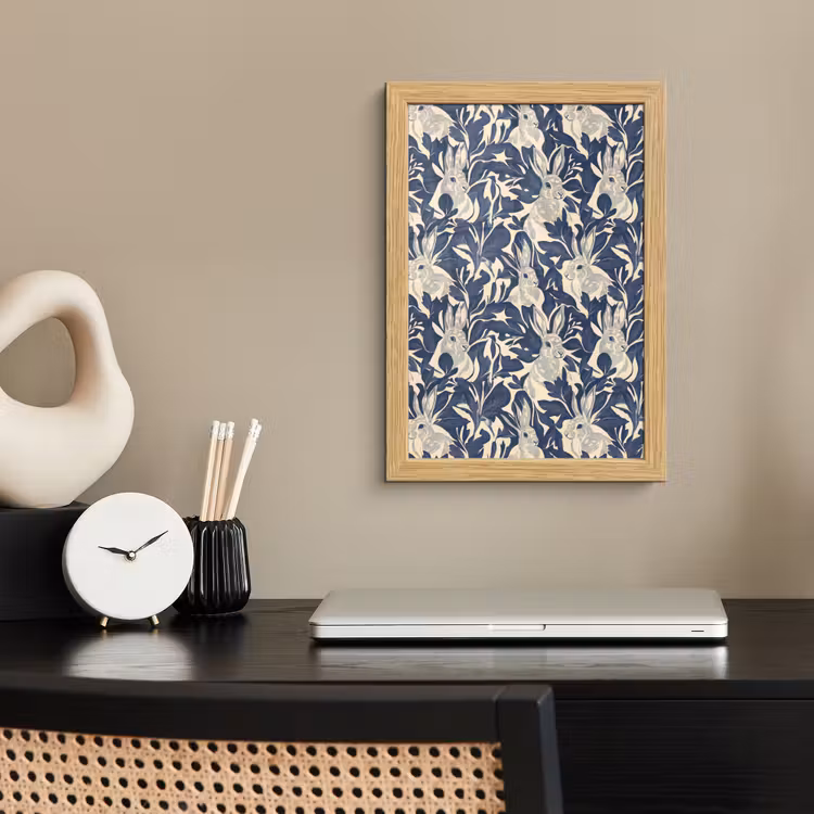 Poster met lijst - Hazen - Bladeren - Patroon - Blauw - Beige — 2
