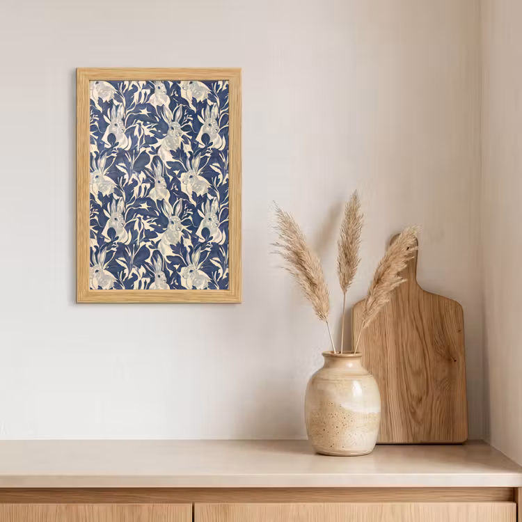 Poster met lijst - Hazen - Bladeren - Patroon - Blauw - Beige — 3