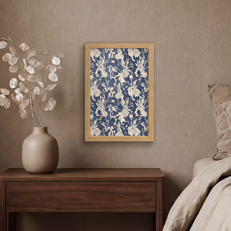 Poster met lijst - Hazen - Bladeren - Patroon - Blauw - Beige — 4