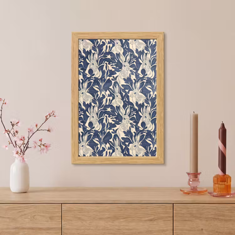 Poster met lijst - Hazen - Bladeren - Patroon - Blauw - Beige — 5