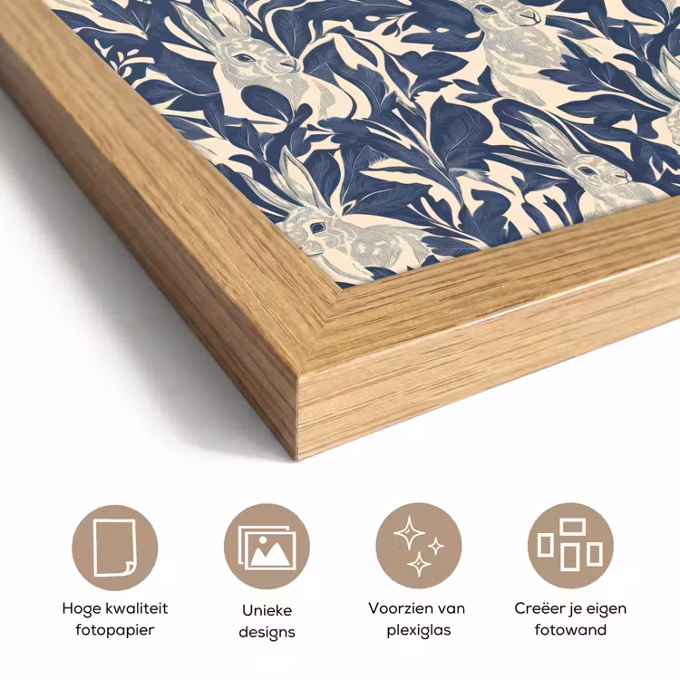Poster met lijst - Hazen - Bladeren - Patroon - Blauw - Beige — 6