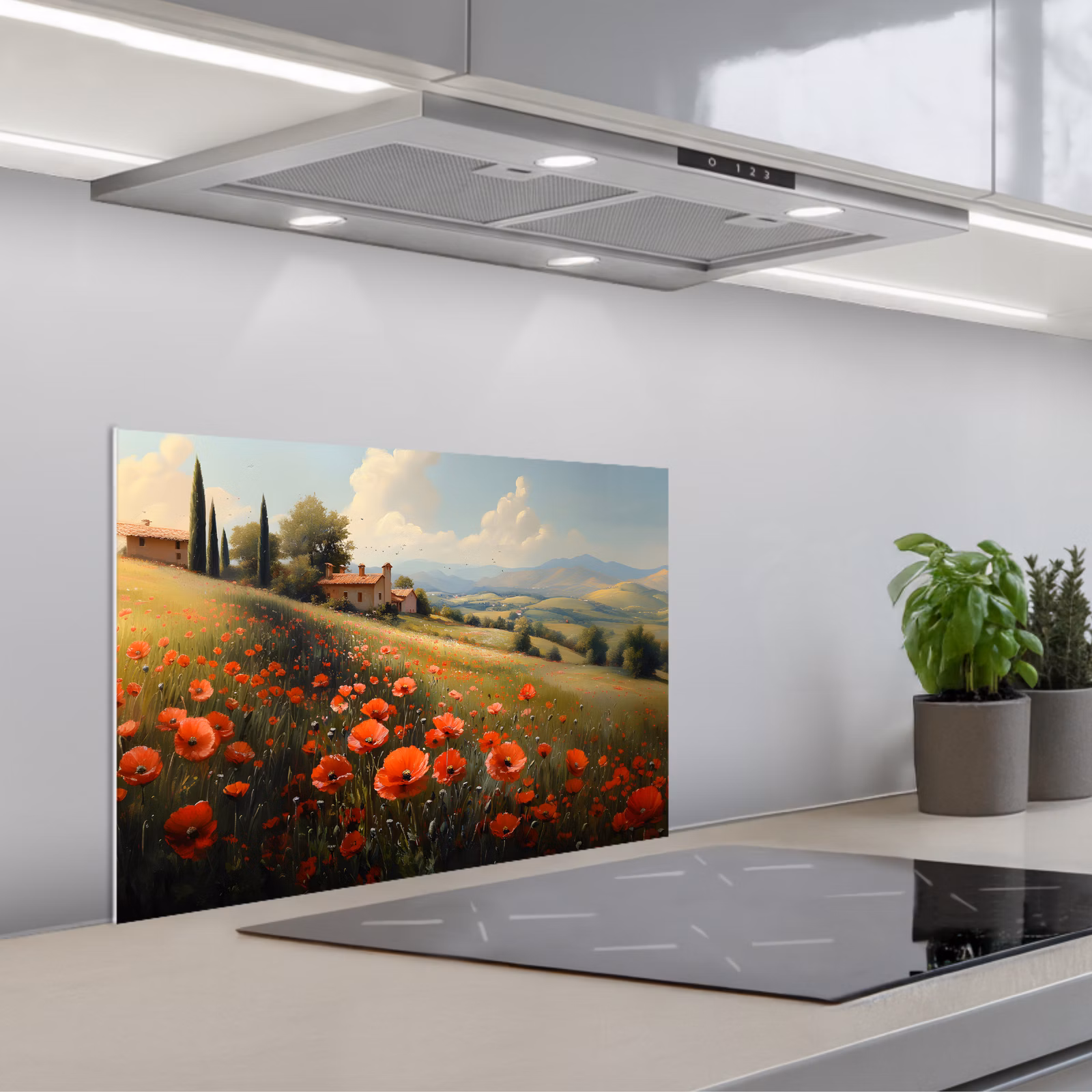 Spatscherm keuken - Klaprozen - Rood - Heuvels - Landschap — 1