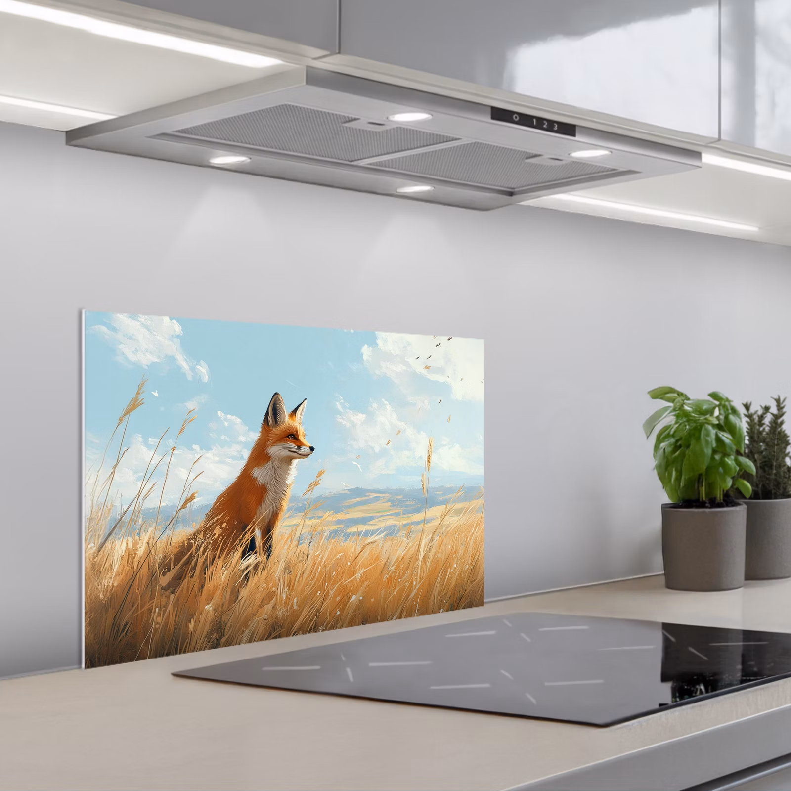 Spatscherm keuken - Vos - Gras - Wolken - Oranje — 1