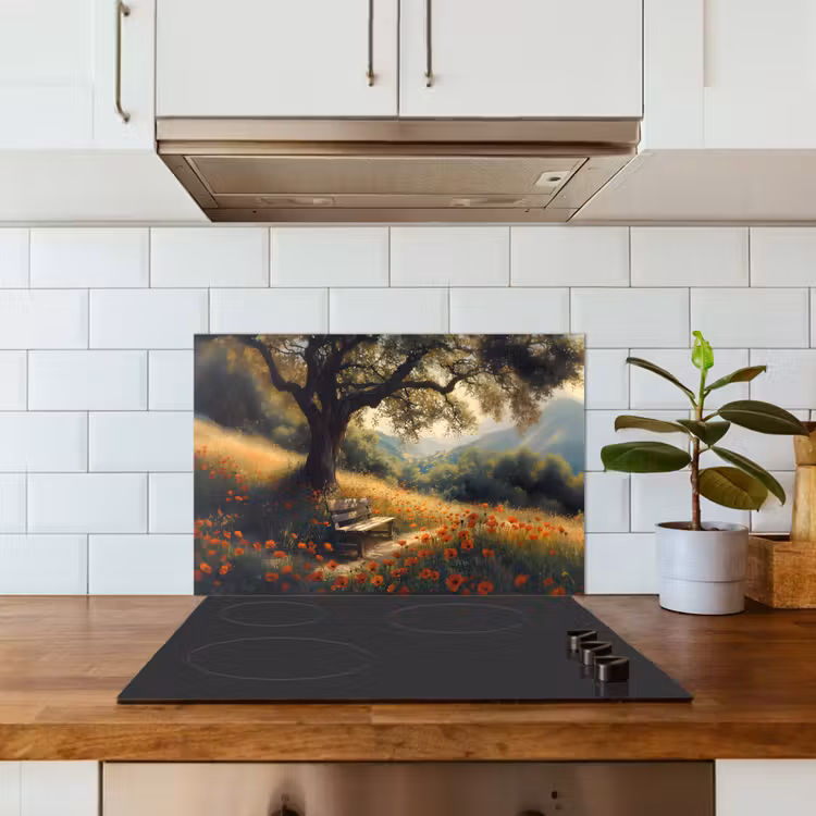 Spatscherm keuken - Bankje - Boom - Klaprozen - Heuvels — 3