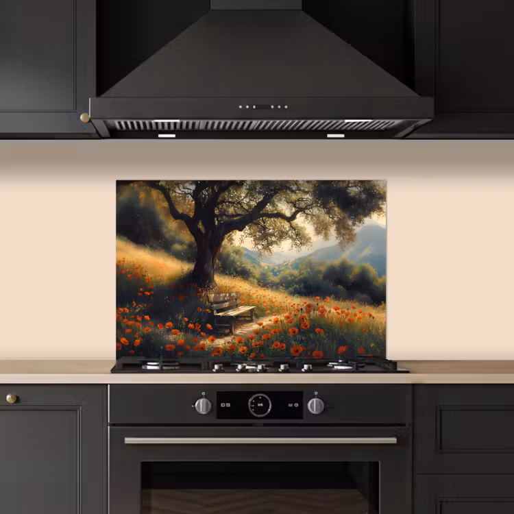 Spatscherm keuken - Bankje - Boom - Klaprozen - Heuvels — 5