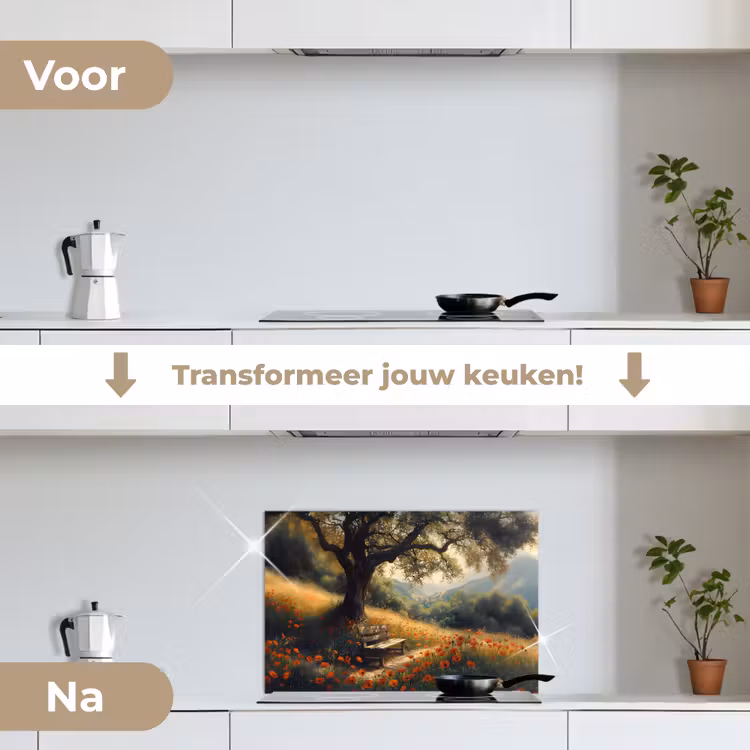 Spatscherm keuken - Bankje - Boom - Klaprozen - Heuvels — 7