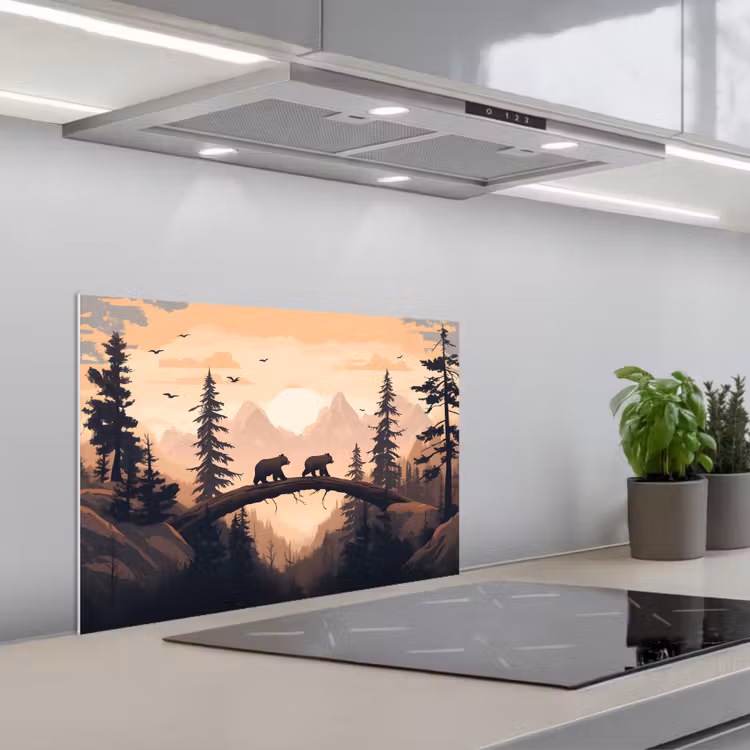Spatscherm keuken - Beren - Bomen - Landschap - Zonsondergang — 1