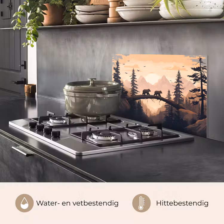 Spatscherm keuken - Beren - Bomen - Landschap - Zonsondergang — 2
