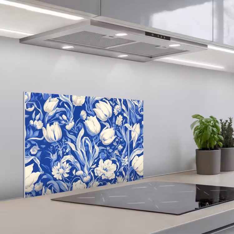 Spatscherm keuken - Bloemen - Delfts Blauw - Patroon - Tulp — 1
