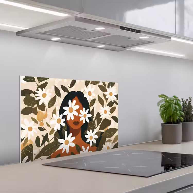 Spatscherm keuken - Illustratie - Vrouw - Madeliefjes - Wit — 1