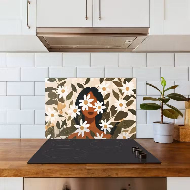 Spatscherm keuken - Illustratie - Vrouw - Madeliefjes - Wit — 3