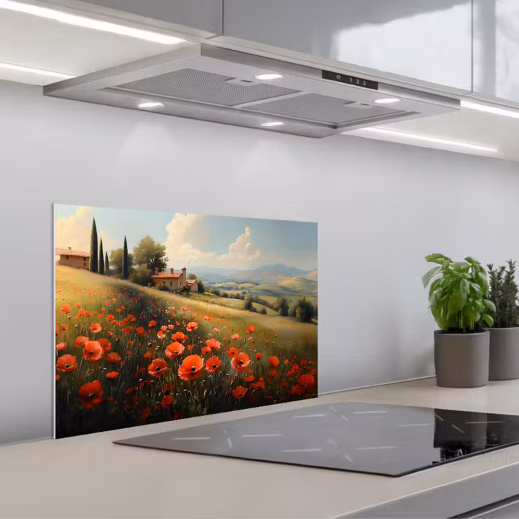 Spatscherm keuken - Klaprozen - Rood - Heuvels - Landschap — 1