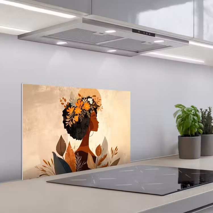Spatscherm keuken - Vrouw - Krullen - Bloemen - Beige — 1