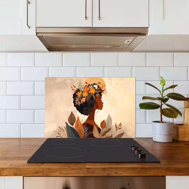 Spatscherm keuken - Vrouw - Krullen - Bloemen - Beige — 3