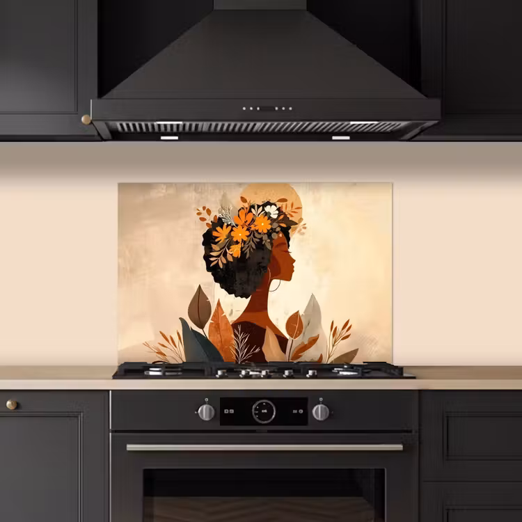 Spatscherm keuken - Vrouw - Krullen - Bloemen - Beige — 5