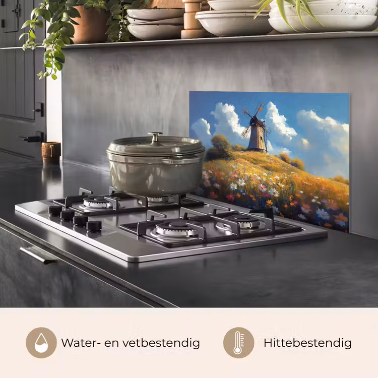 Spatscherm keuken - Windmolen - Heuvel - Bloemen - Kleurrijk — 2
