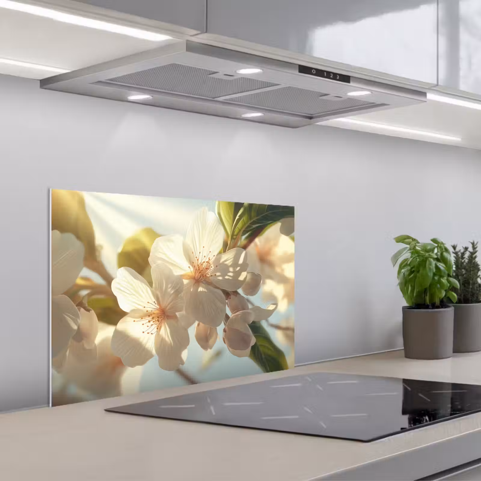 Spatscherm keuken - Bloesems - Wit - Zonnestralen - Bloemblaadjes — 1