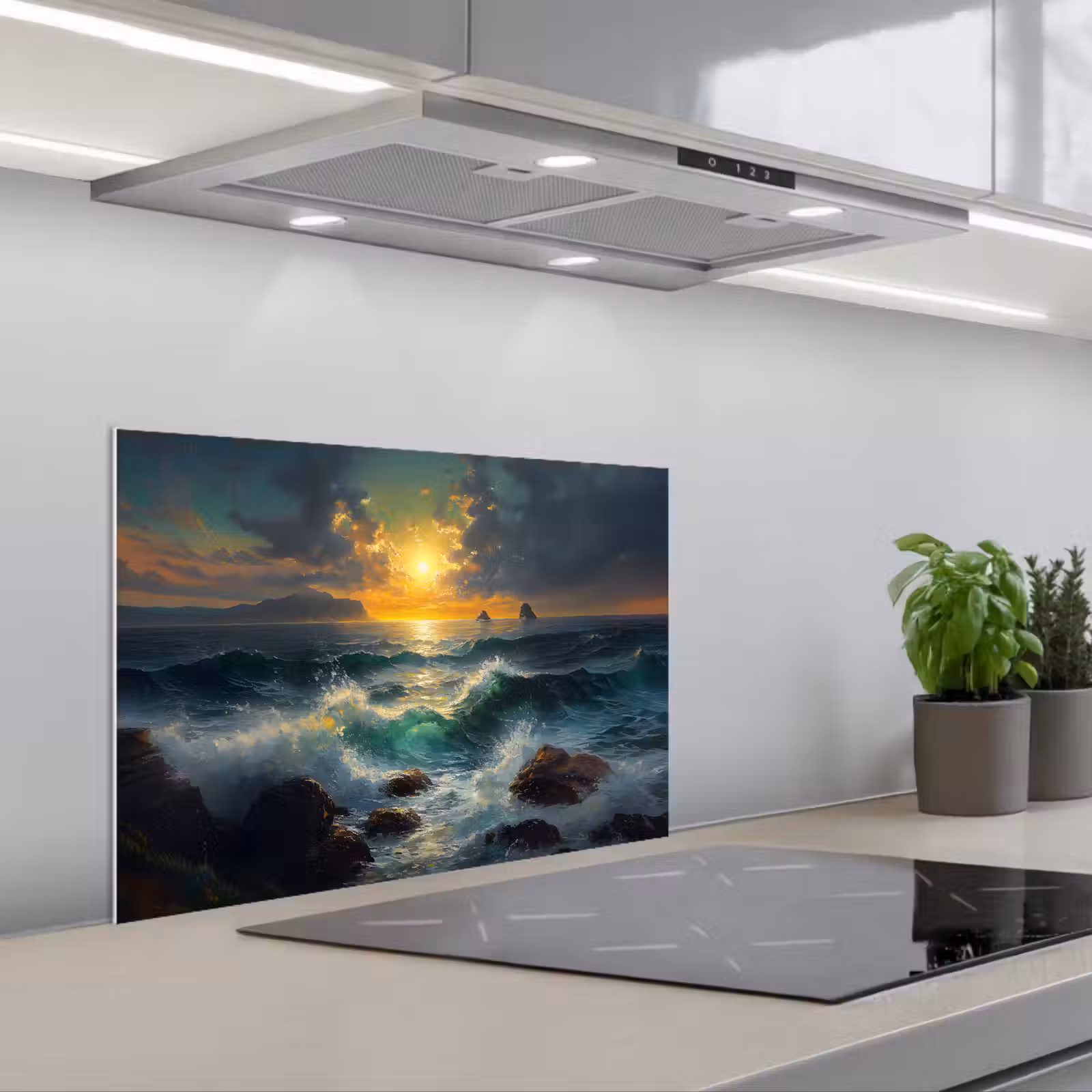 Spatscherm keuken - Zee - Zon - Golven - Rotsen — 1