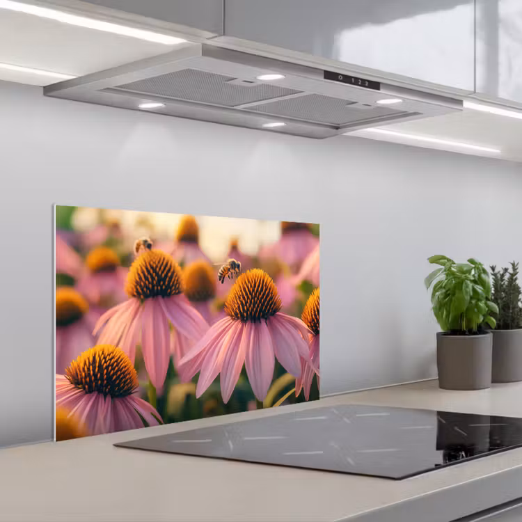 Spatscherm keuken - Bloemen - Paars - Bijen — 1
