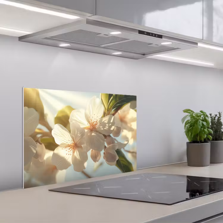 Spatscherm keuken - Bloesems - Wit - Zonnestralen - Bloemblaadjes — 1
