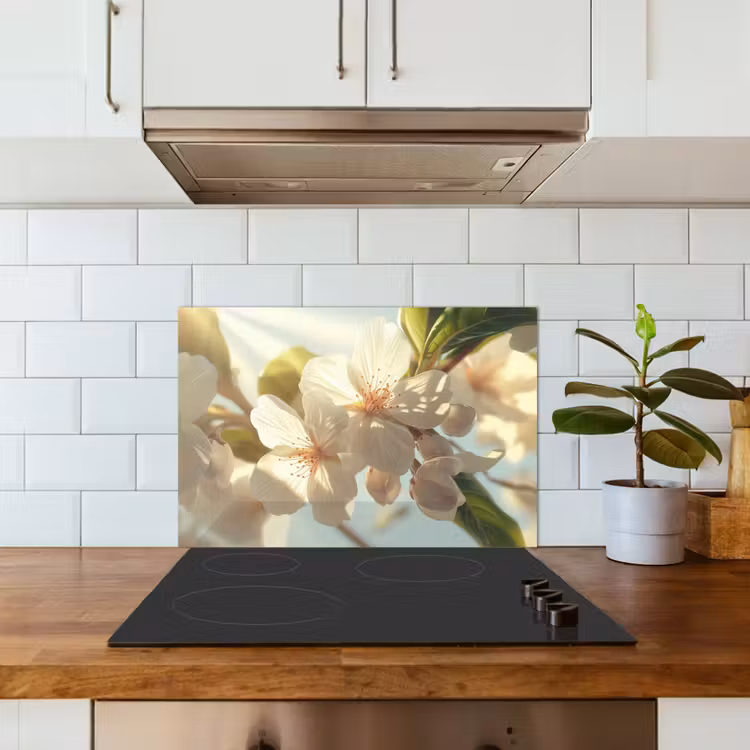 Spatscherm keuken - Bloesems - Wit - Zonnestralen - Bloemblaadjes — 3