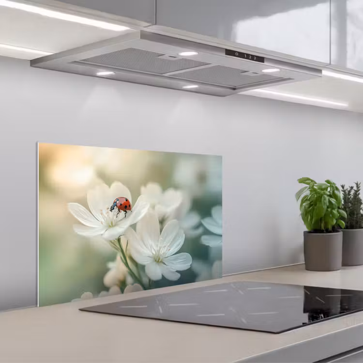 Spatscherm keuken - Lieveheersbeestje - Bloemen - Wit — 1