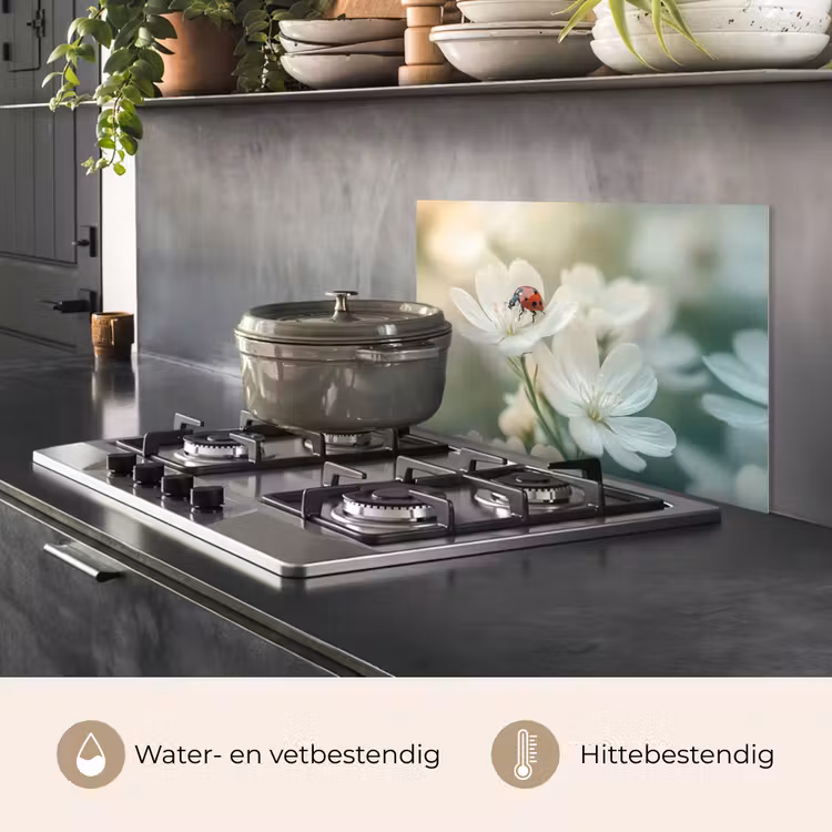 Spatscherm keuken - Lieveheersbeestje - Bloemen - Wit — 2