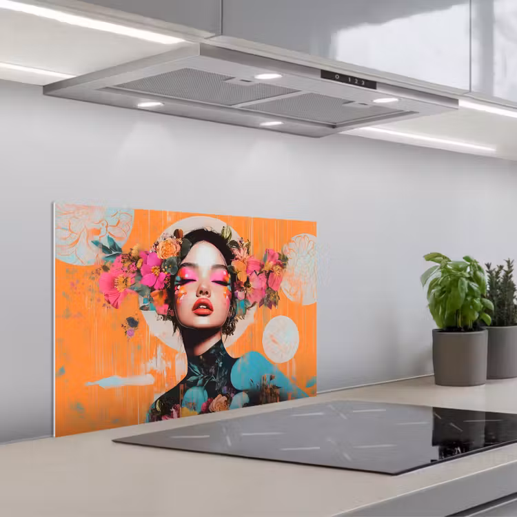 Spatscherm keuken - Portret - Vrouw - Abstract - Bloemen — 1