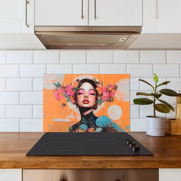 Spatscherm keuken - Portret - Vrouw - Abstract - Bloemen — 3