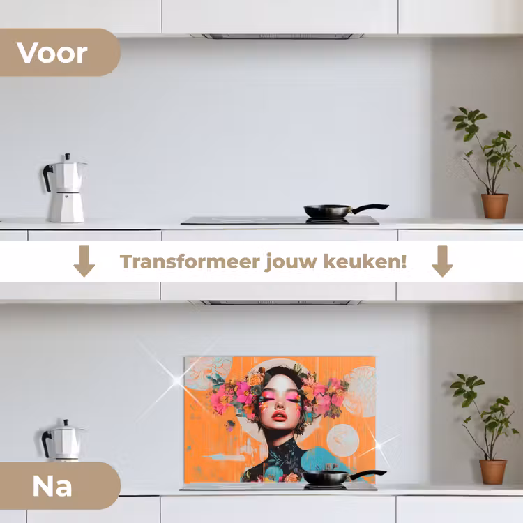 Spatscherm keuken - Portret - Vrouw - Abstract - Bloemen — 7