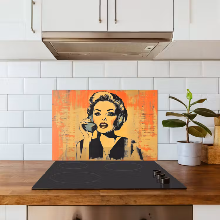 Spatscherm keuken - Retro - Vrouw - Koptelefoon - Oranje — 3