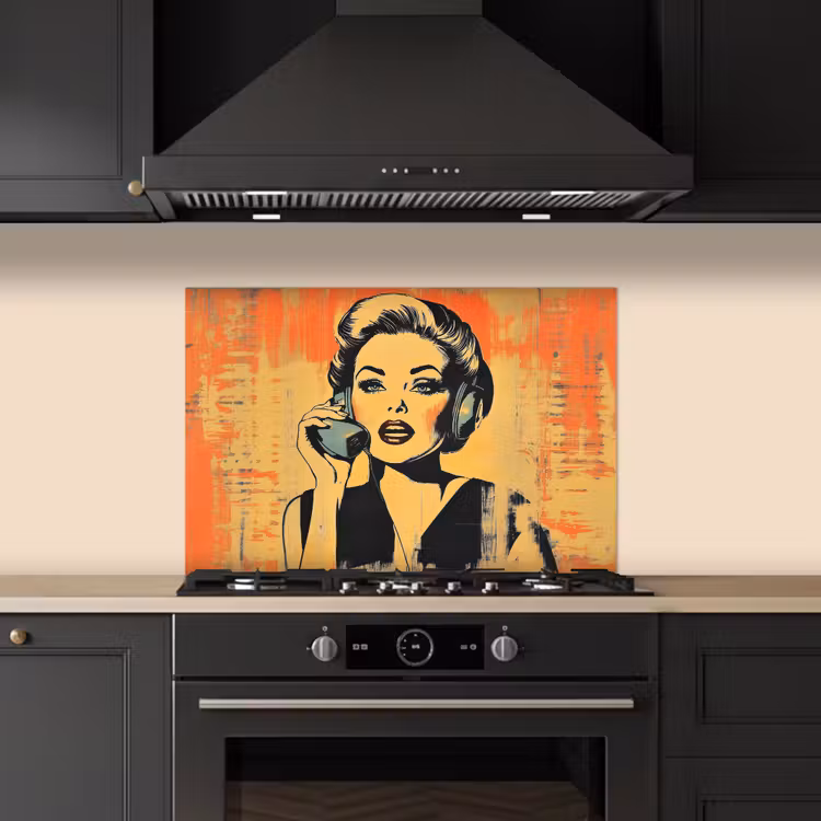 Spatscherm keuken - Retro - Vrouw - Koptelefoon - Oranje — 5