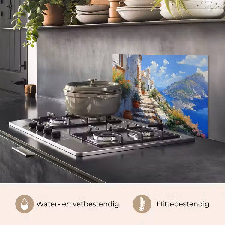 Spatscherm keuken - Trap - Huizen - Berglandschap - Zee — 2
